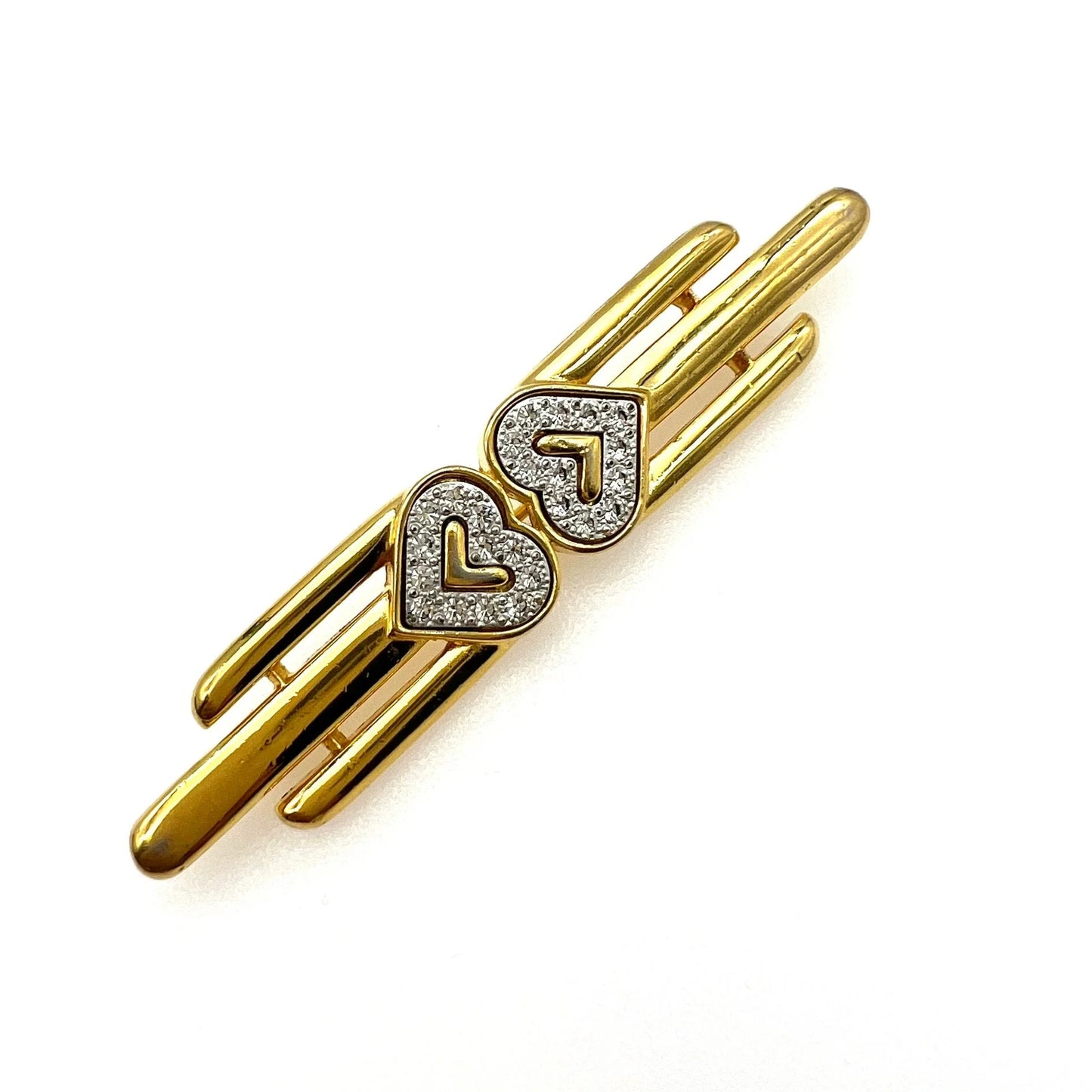 VINTAGE MONET GOLD PLATED CRYSTAL DOUBLE HEART BROOCH