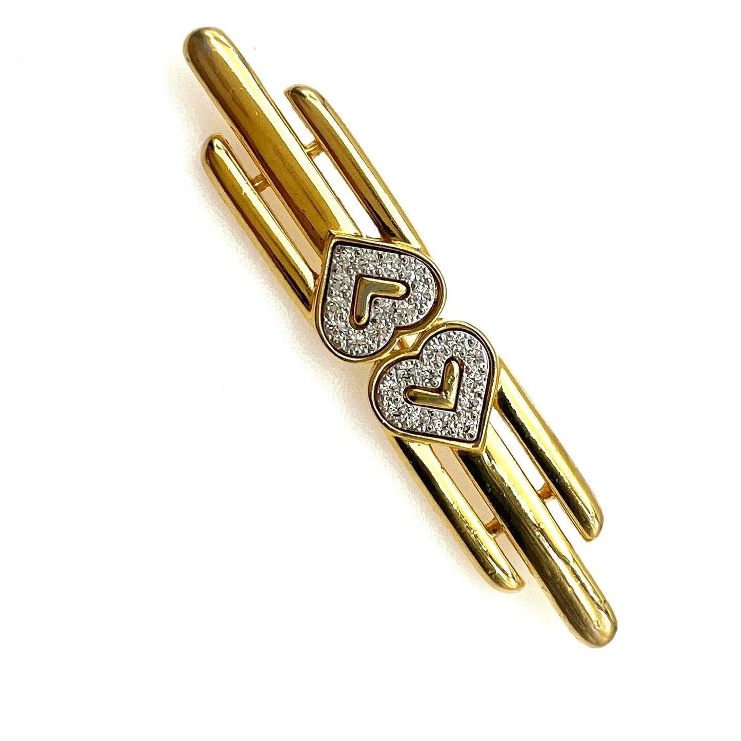 VINTAGE MONET GOLD PLATED CRYSTAL DOUBLE HEART BROOCH