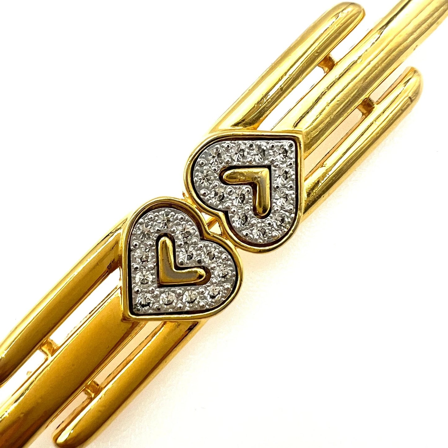 VINTAGE MONET GOLD PLATED CRYSTAL DOUBLE HEART BROOCH